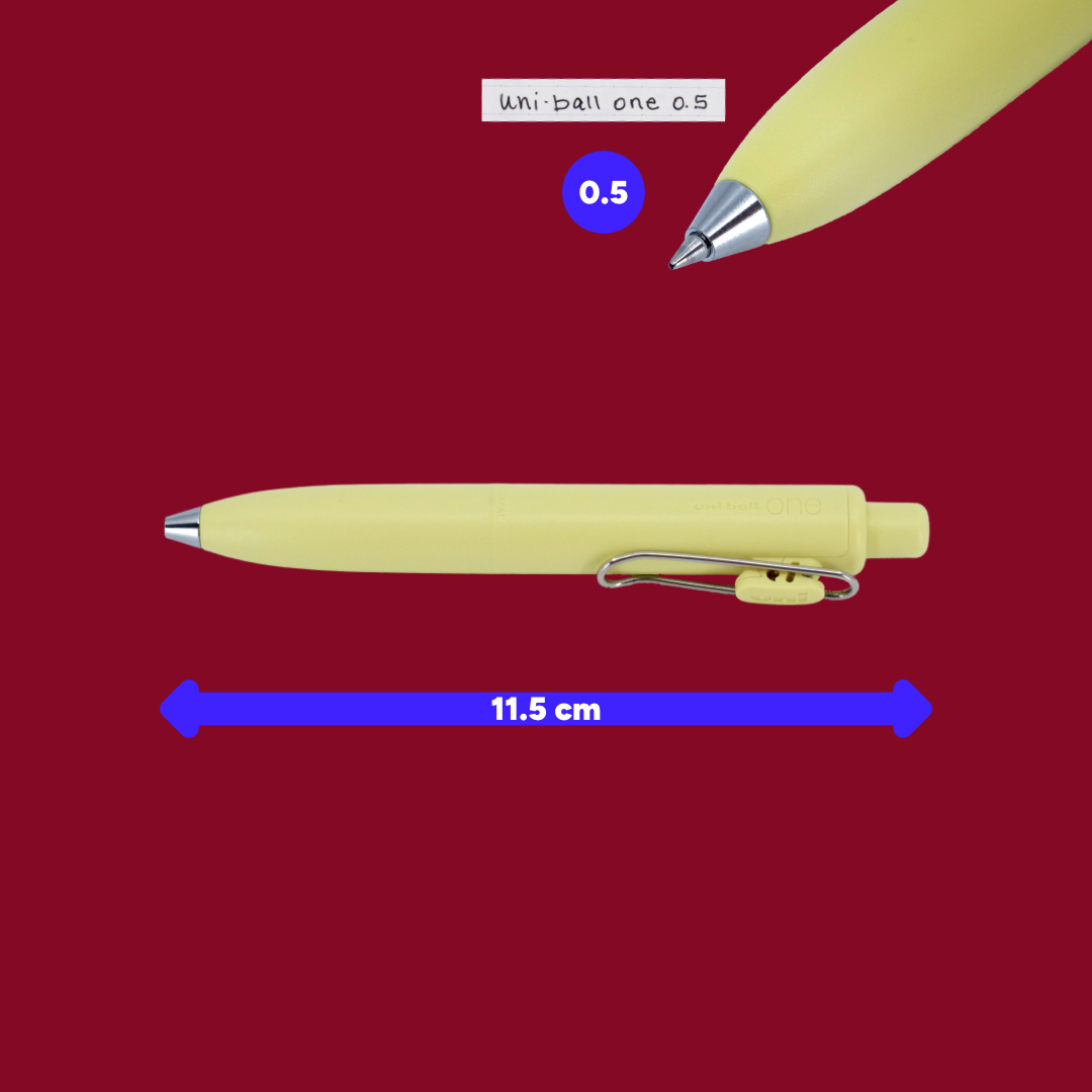 Yellow pen with clip on red background, showing pen length and tip size.