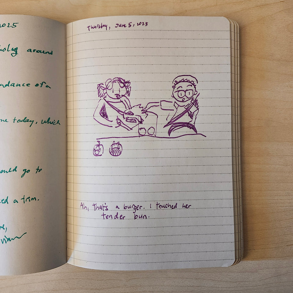 Open notebook with purple ink drawing and text on a wooden surface. Drawing is of two people in a car. Text reads "Ah, that's a burger. I touched her tender bun."